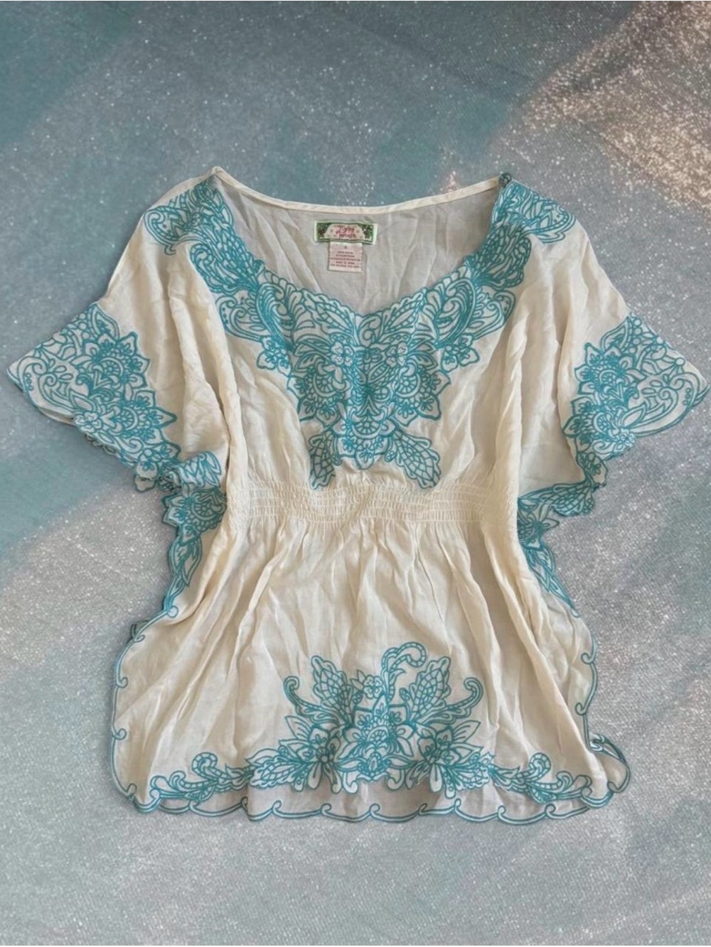 Flowy Ivory Boho Blouse Flying Tomato Embroidered Blue Trim Floral Feminine